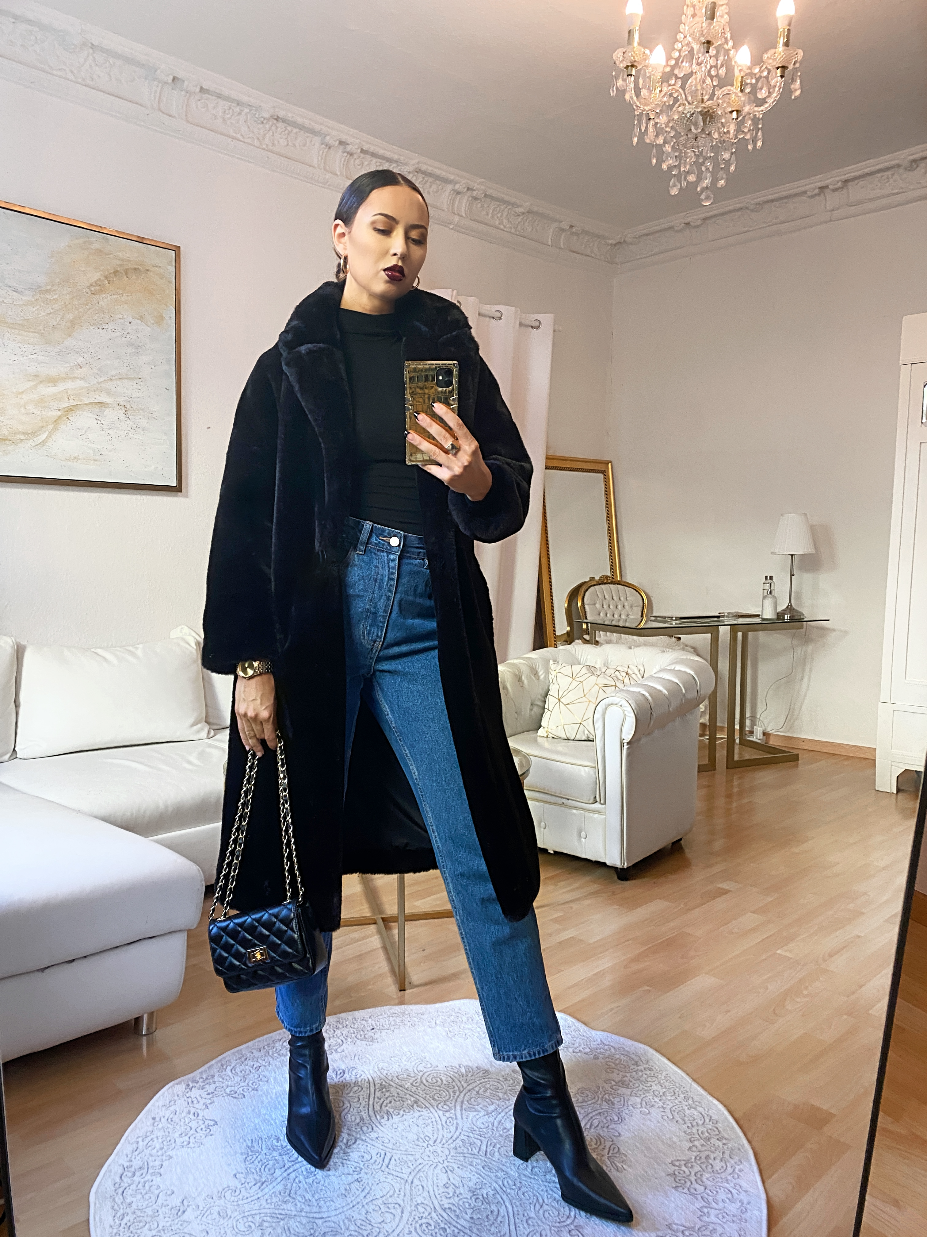 Black Faux Fur Coat and Mom Jeans Outfit