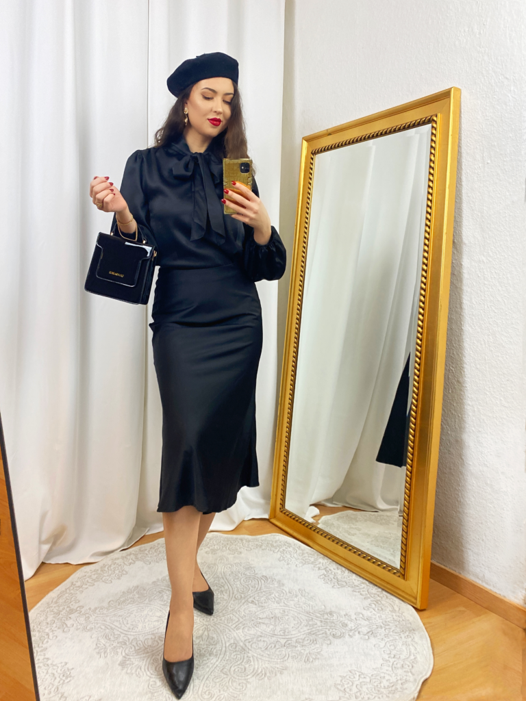 French Outfit: Black Satin Bowtie Blouse and Skirt - In an Elegant Fashion