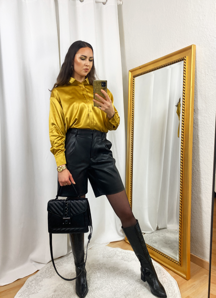 Yellow Satin Blouse and Leather Pants