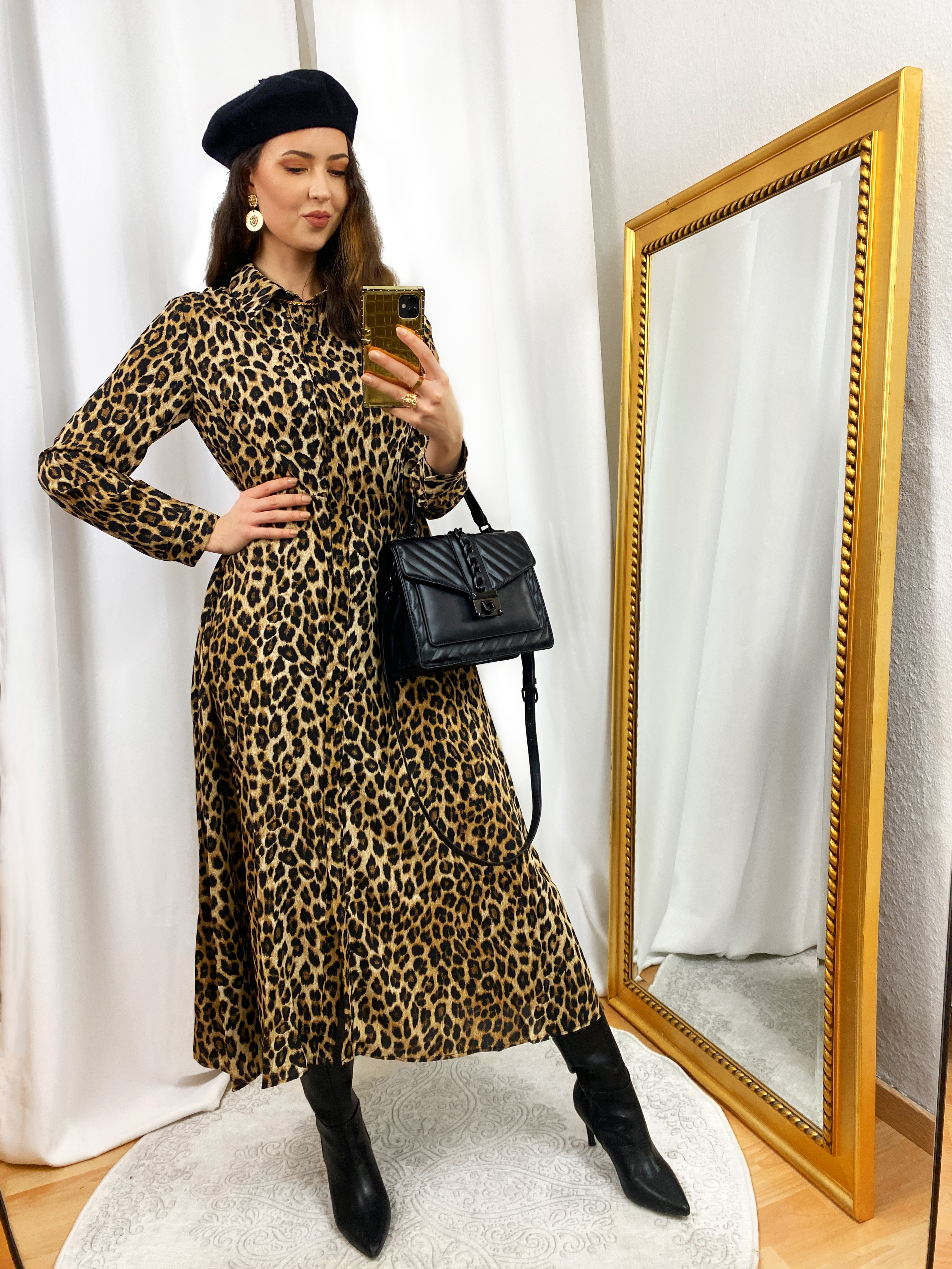 Leopard Dress and Black Boots Outfit