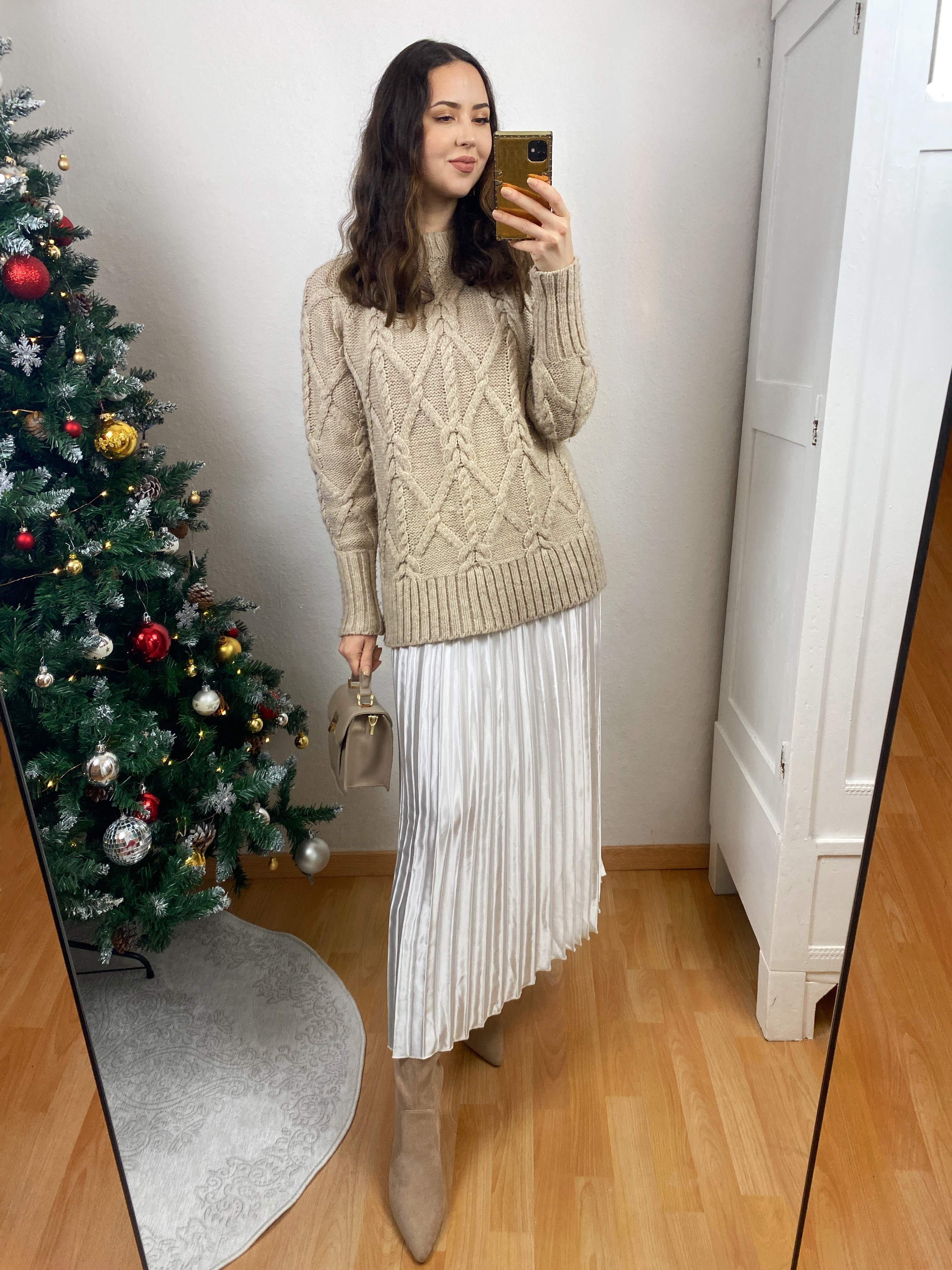 Beige Cable Knit Sweater and White Skirt