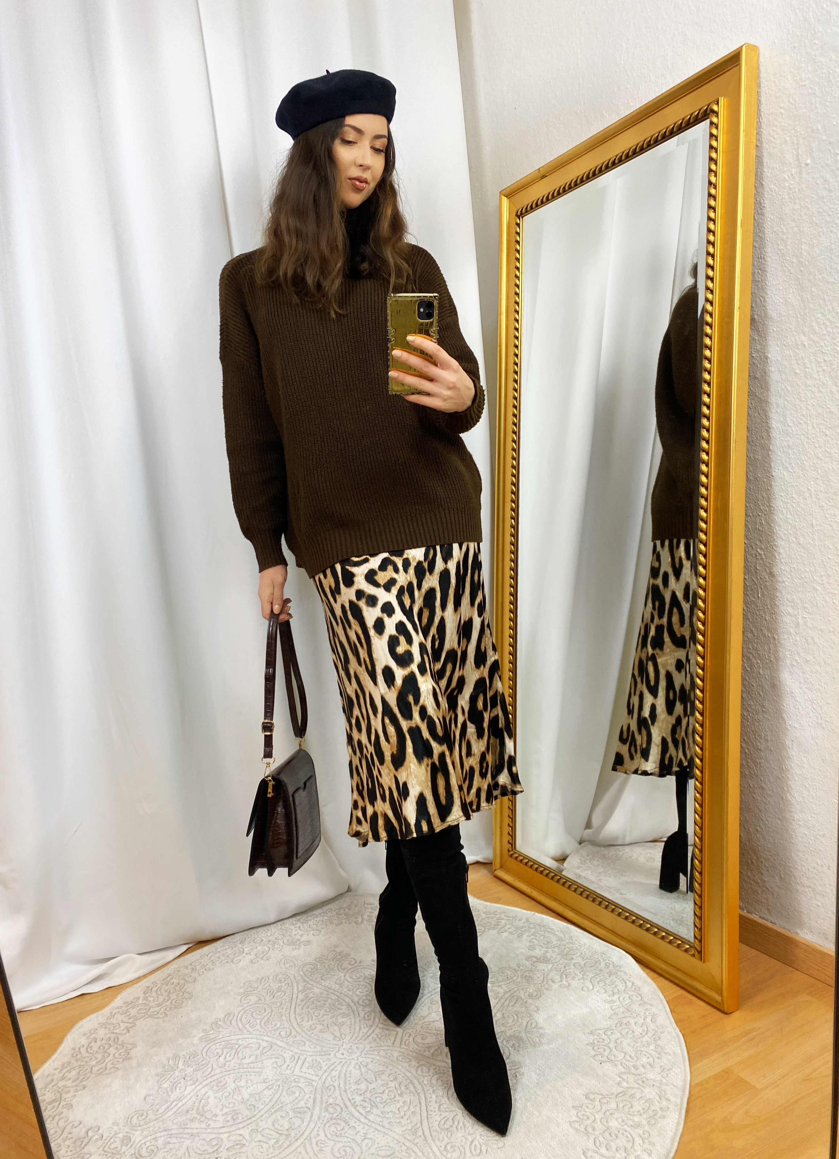 Brown Sweater and Leopard Skirt