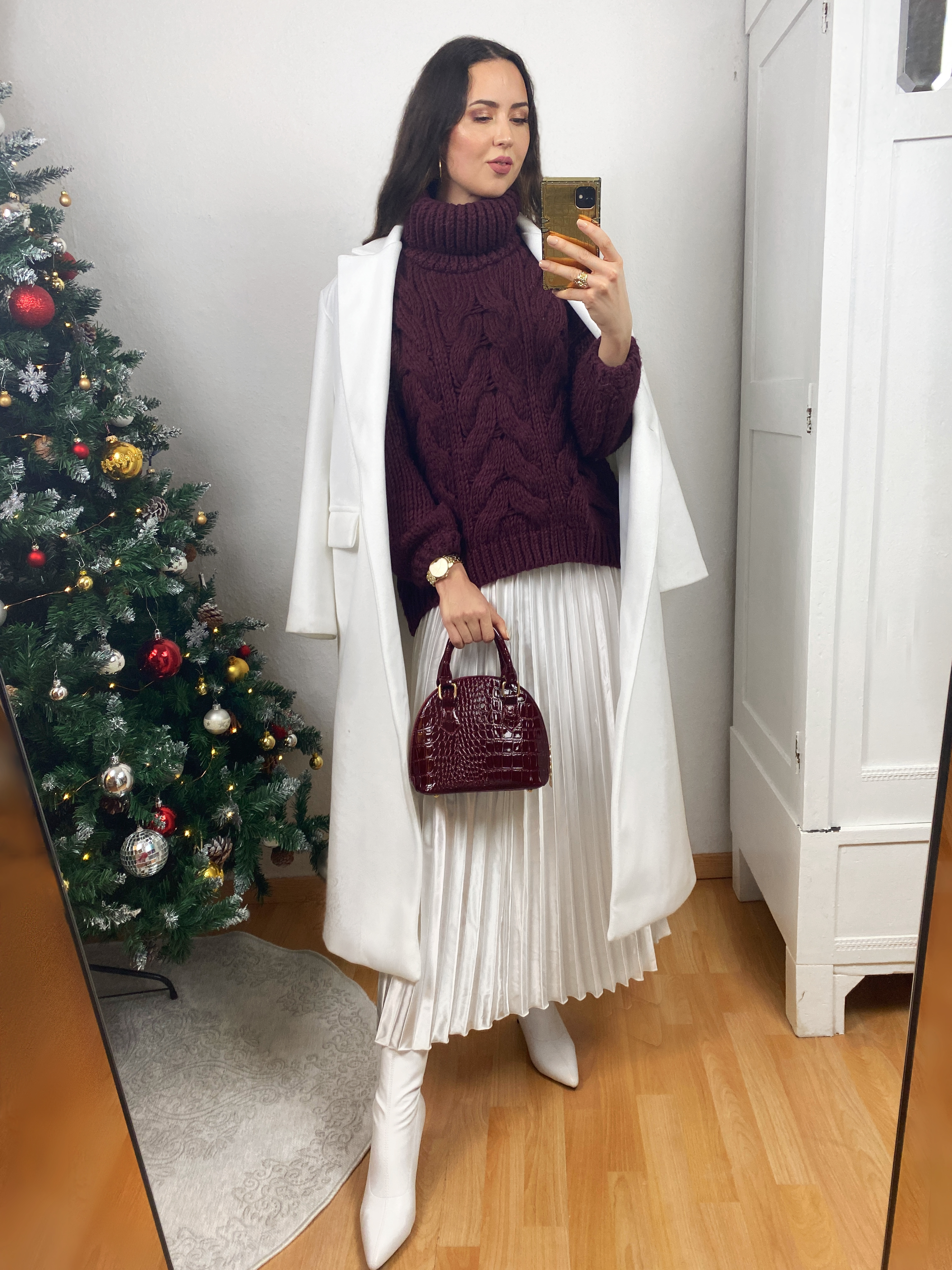 Burgundy Sweater White Skirt and Coat