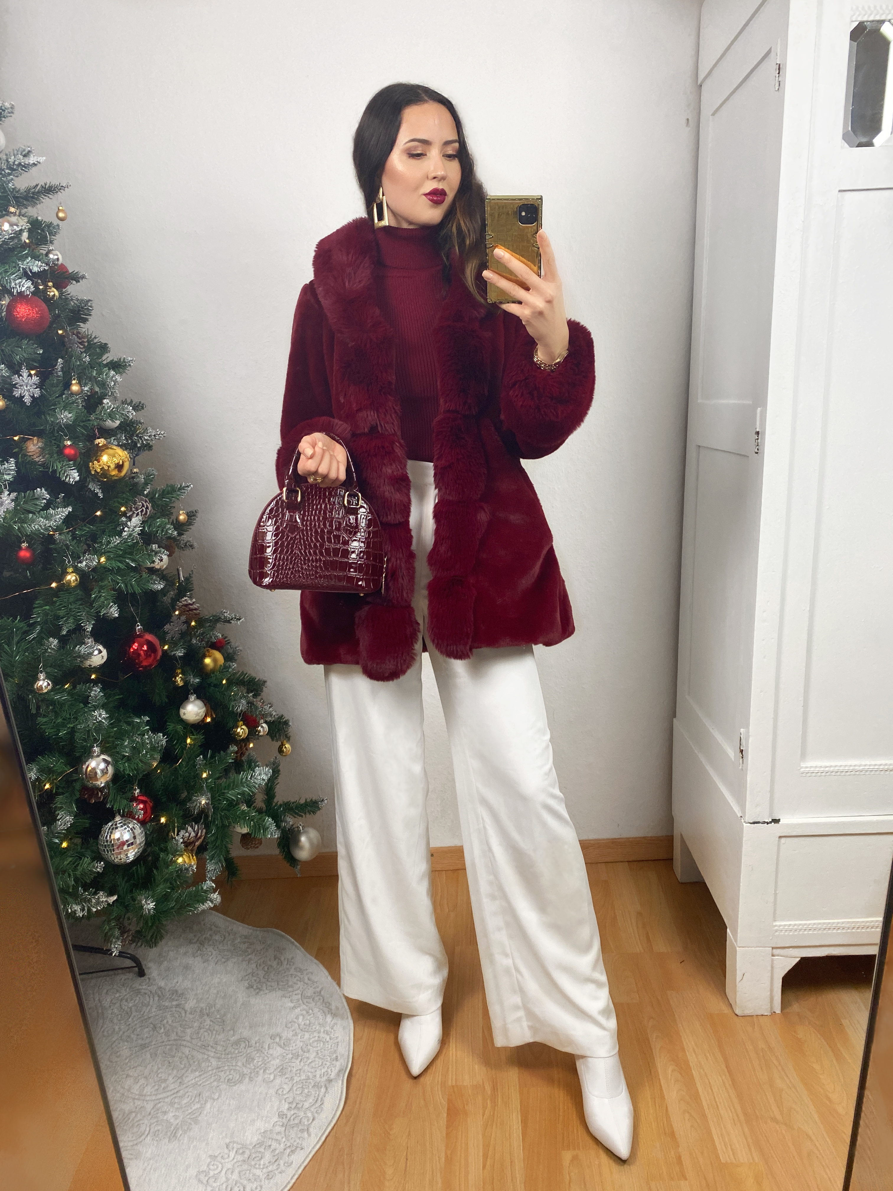 Dark Red Faux Fur Coat and White Wide Pants