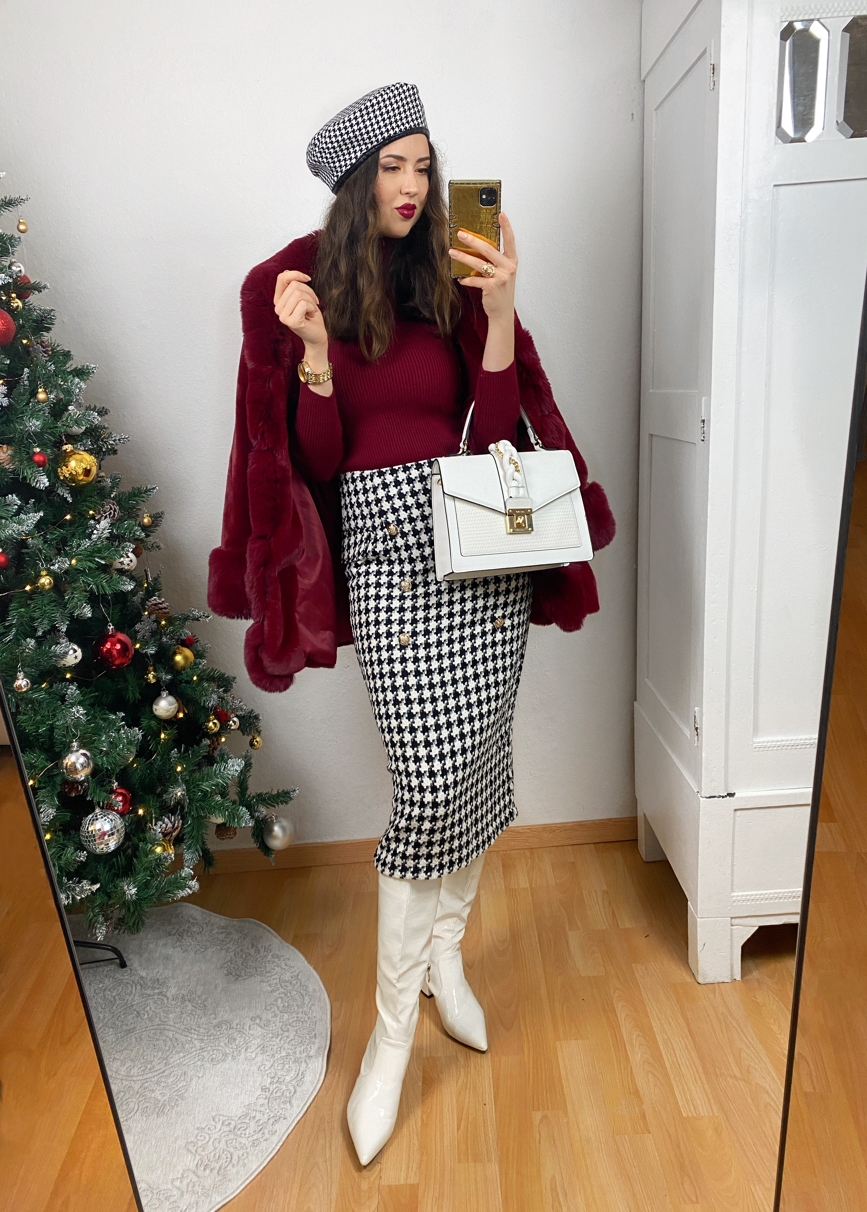Dark Red Sweater and Houndstooth Skirt