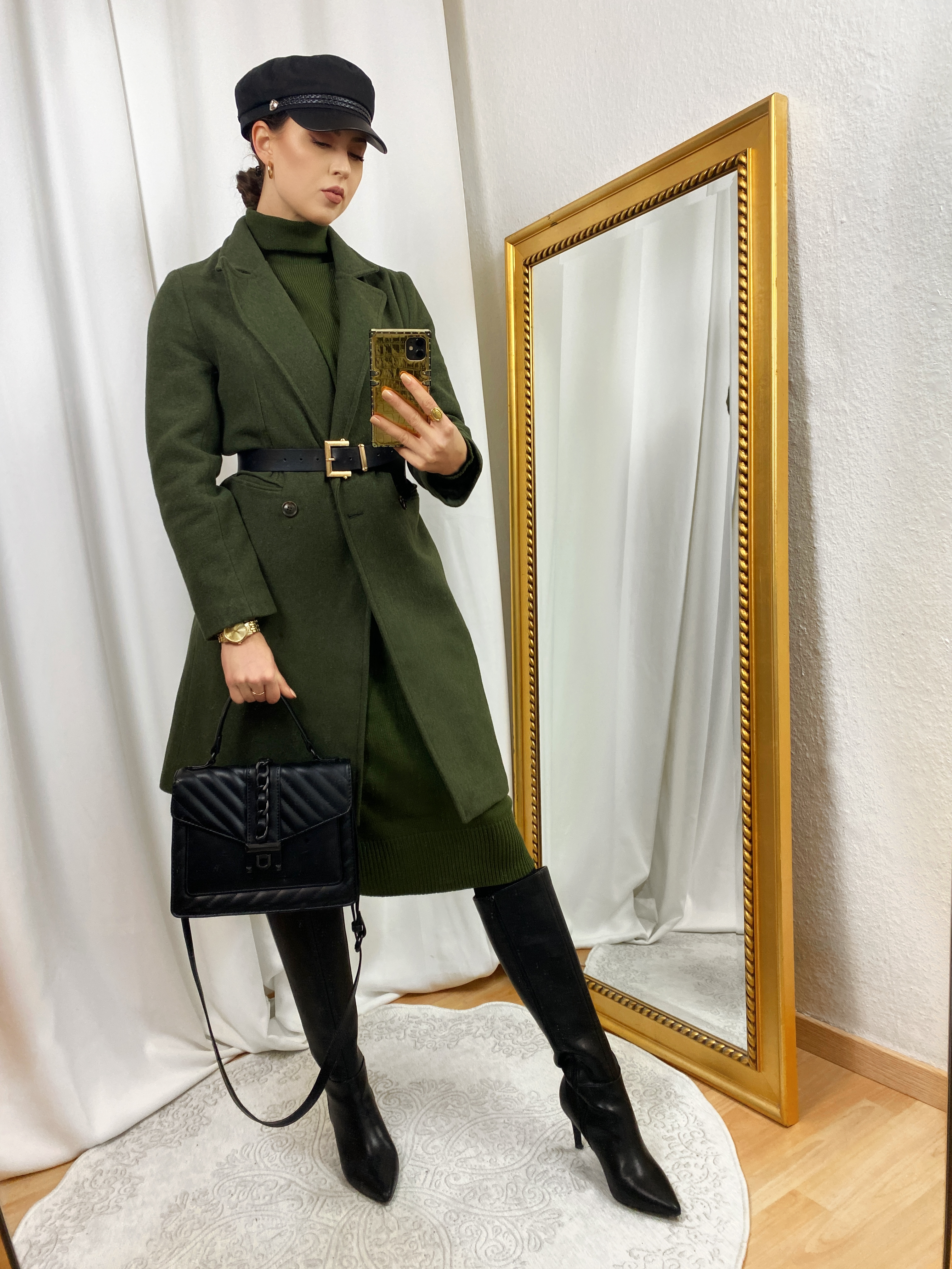 Military Outfit: Green Coat and Sweater Dress