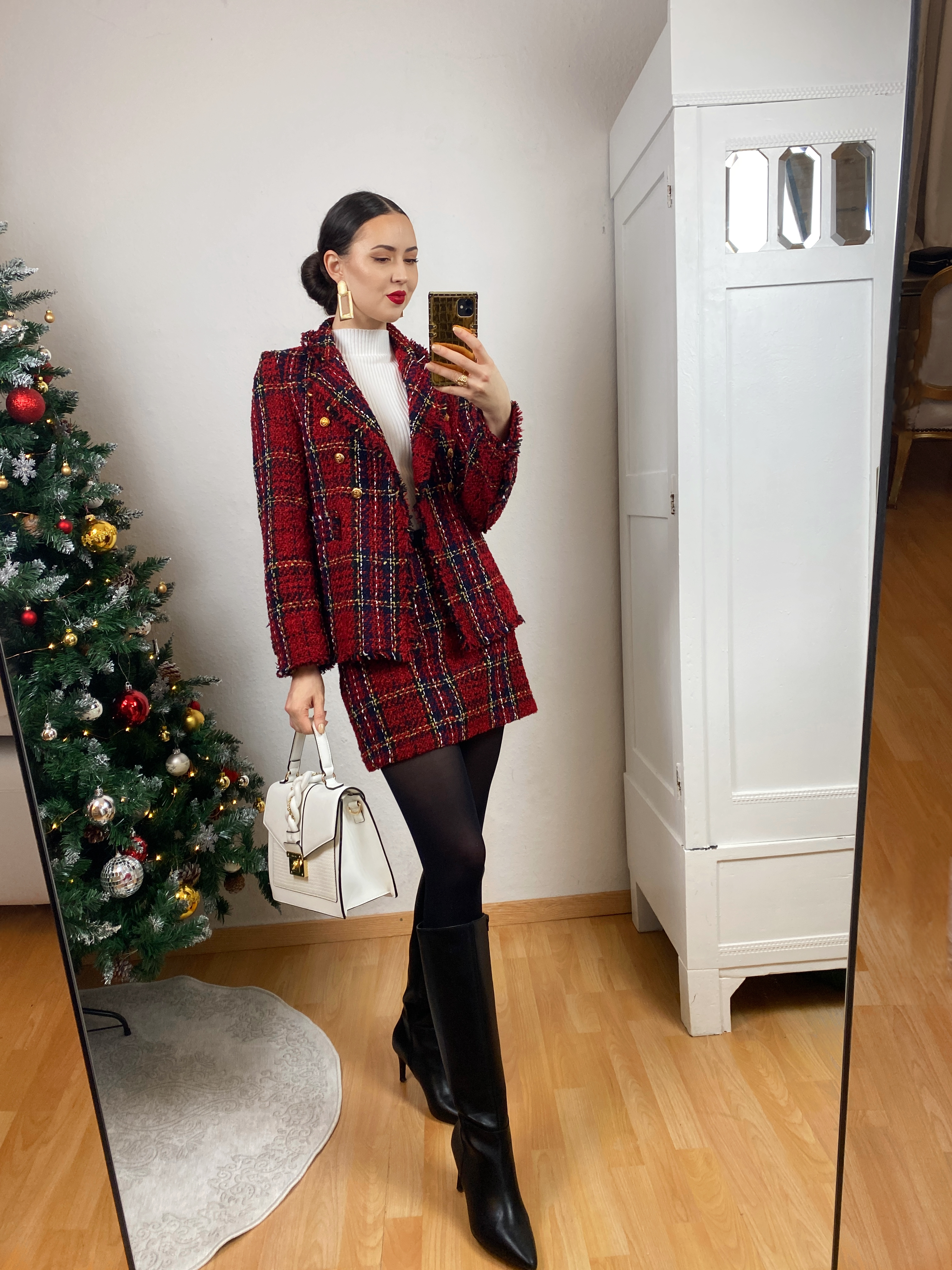 Red Plaid Tweed Blazer and Skirt Suit