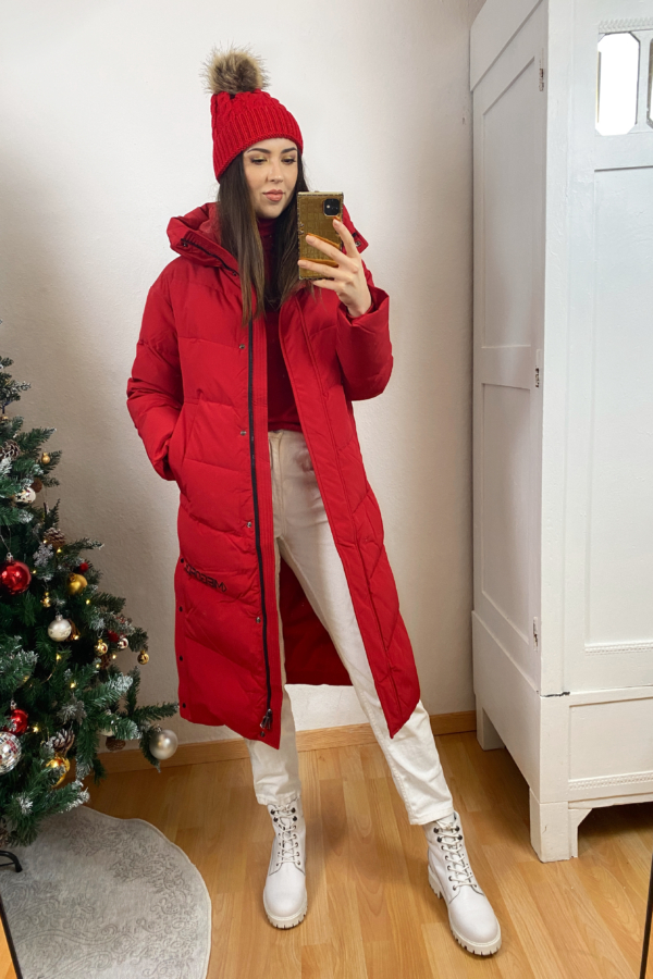 Red Puffer Jacket and White Jeans