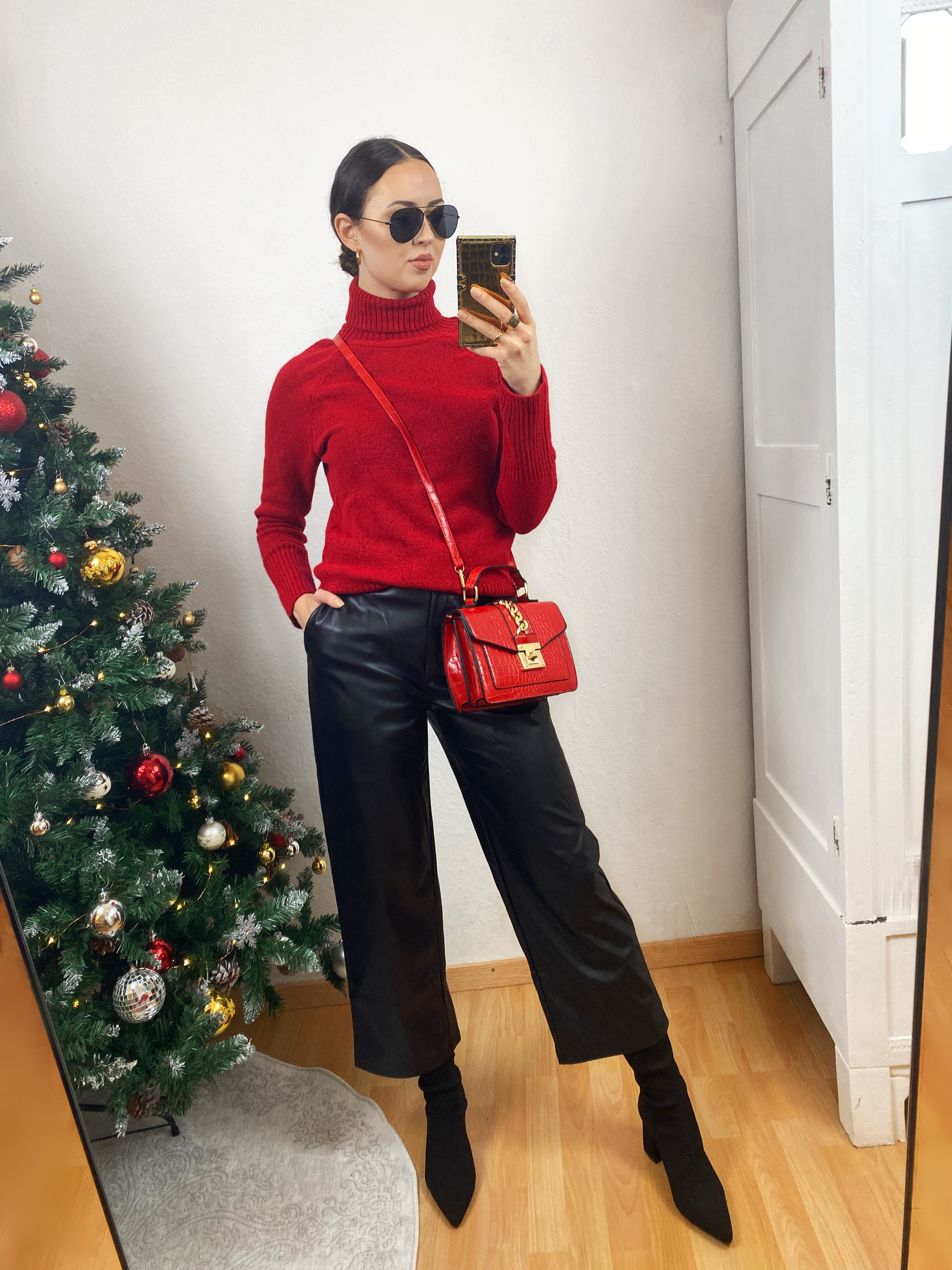 Red Sweater and Leather Pants Outfit