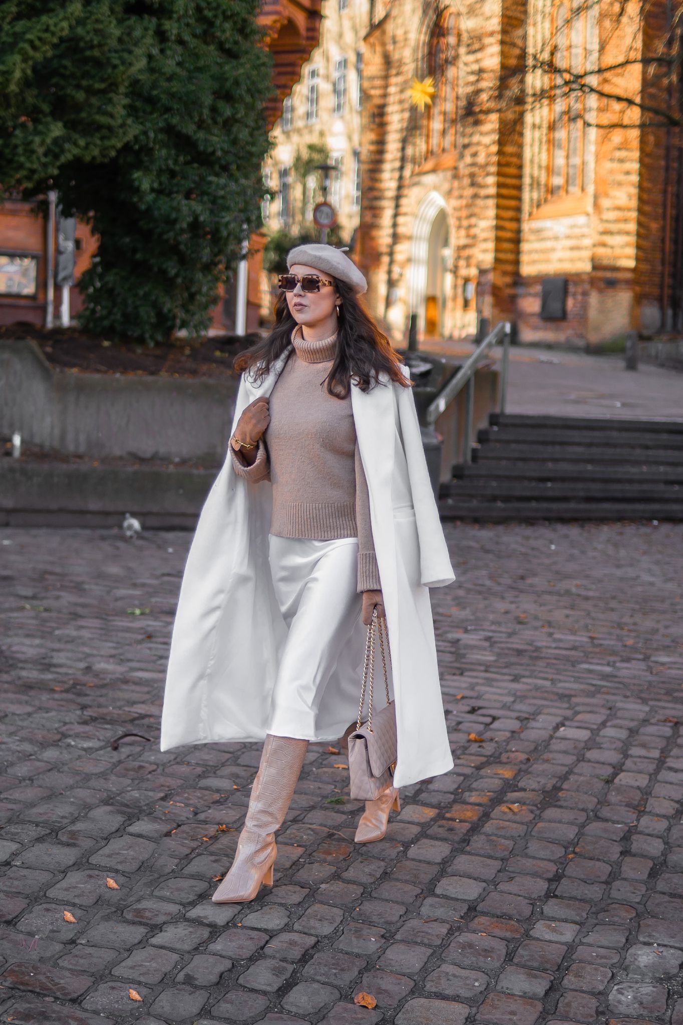 Beige Sweater and White Satin Skirt Outfit