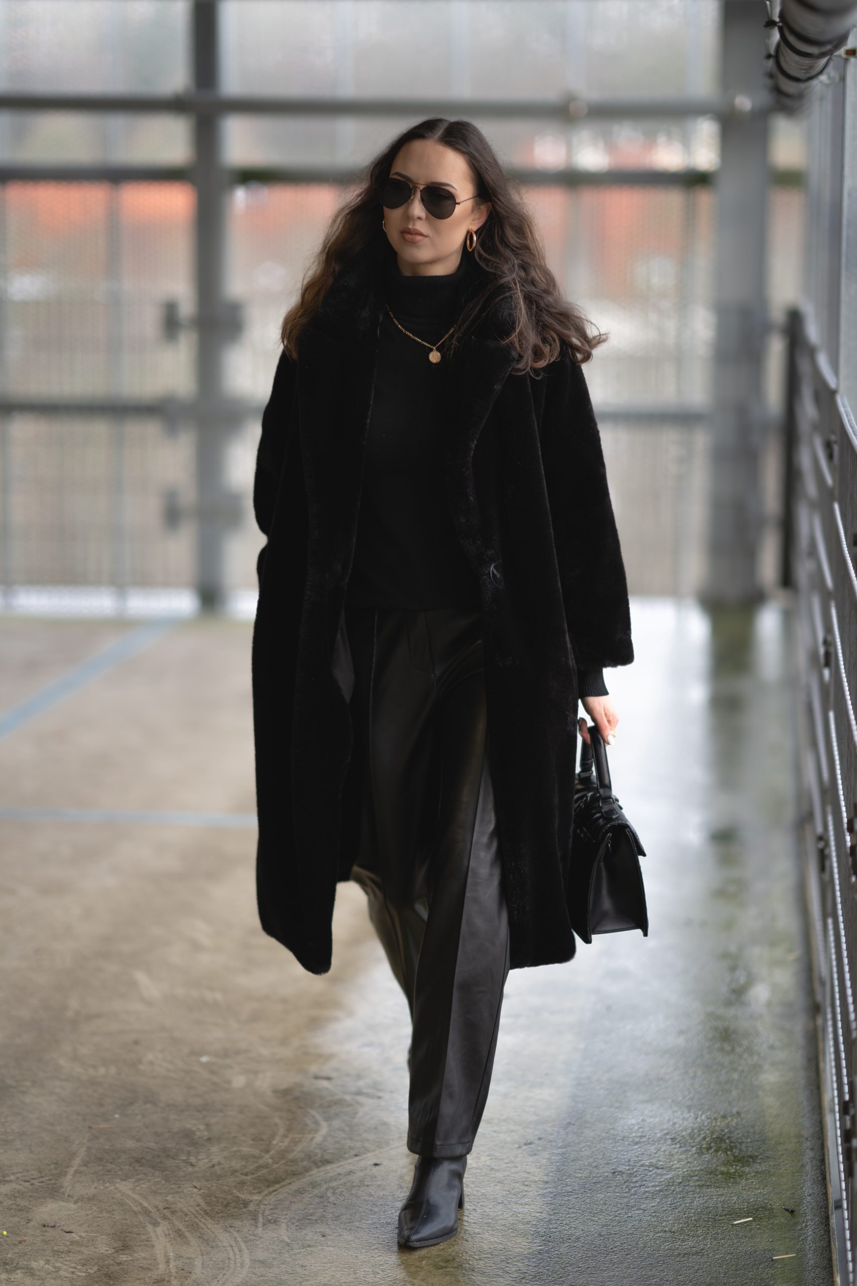 Black Faux Fur Coat and Leather Pants Outfit