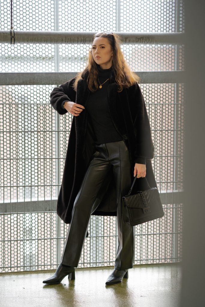 Black Faux Fur Coat and Leather Pants Outfit - jpeg
