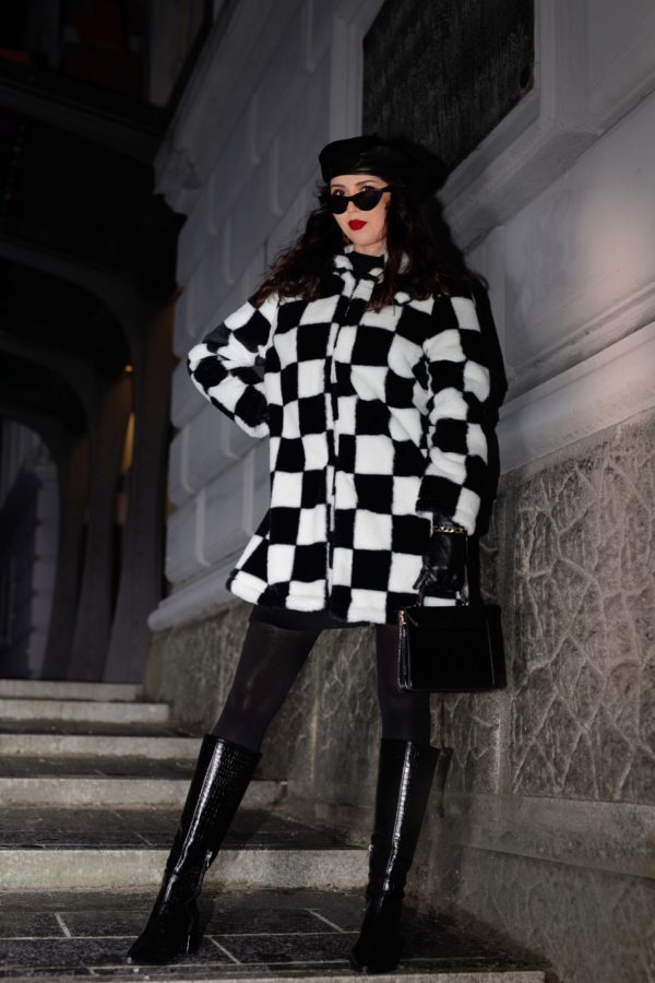 Black and White Checkered Coat Outfit 1