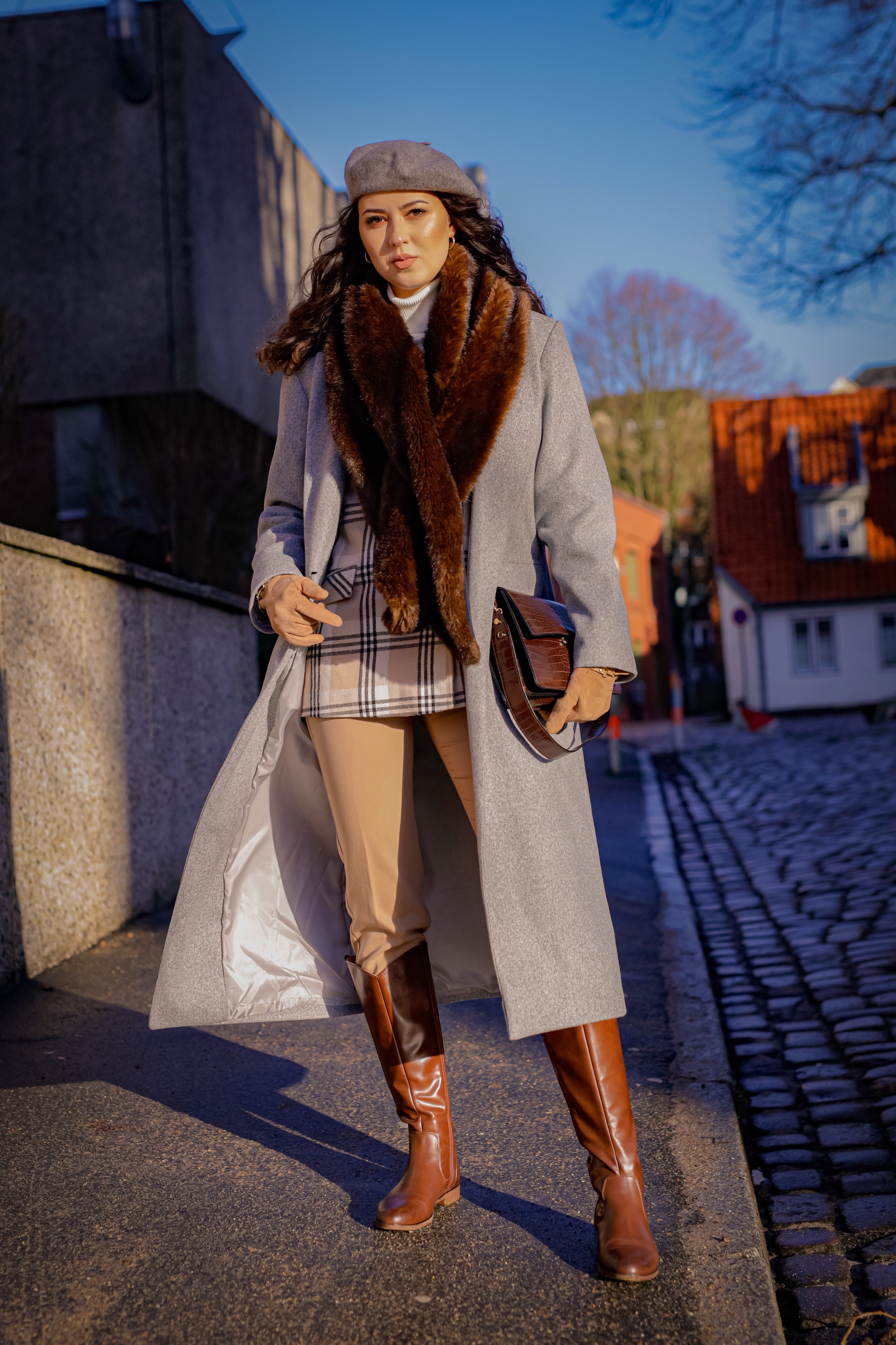 Old Money Outfit Gray Wool Coat Beige Plaid Blazer and Brown Riding Boots 2 - jpeg