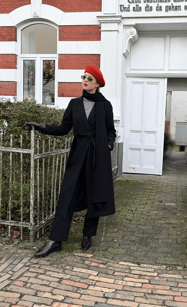 Striped Turtleneck Sweater Outfit with Red Beret