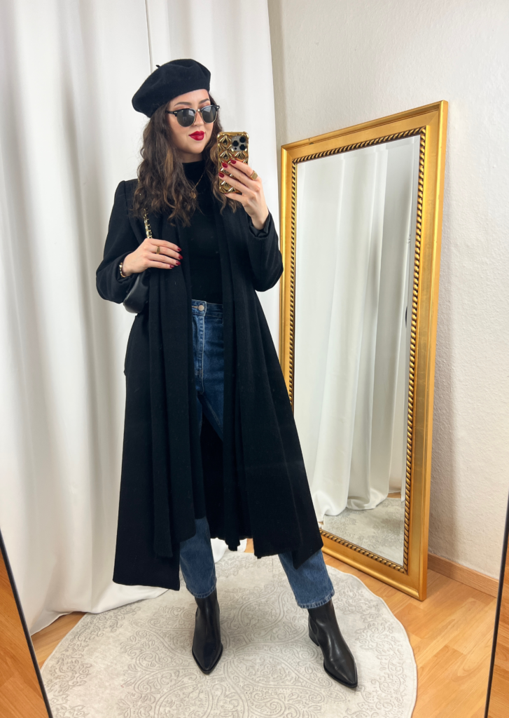 Black Wool Coat and Mom Jeans Outfit 2