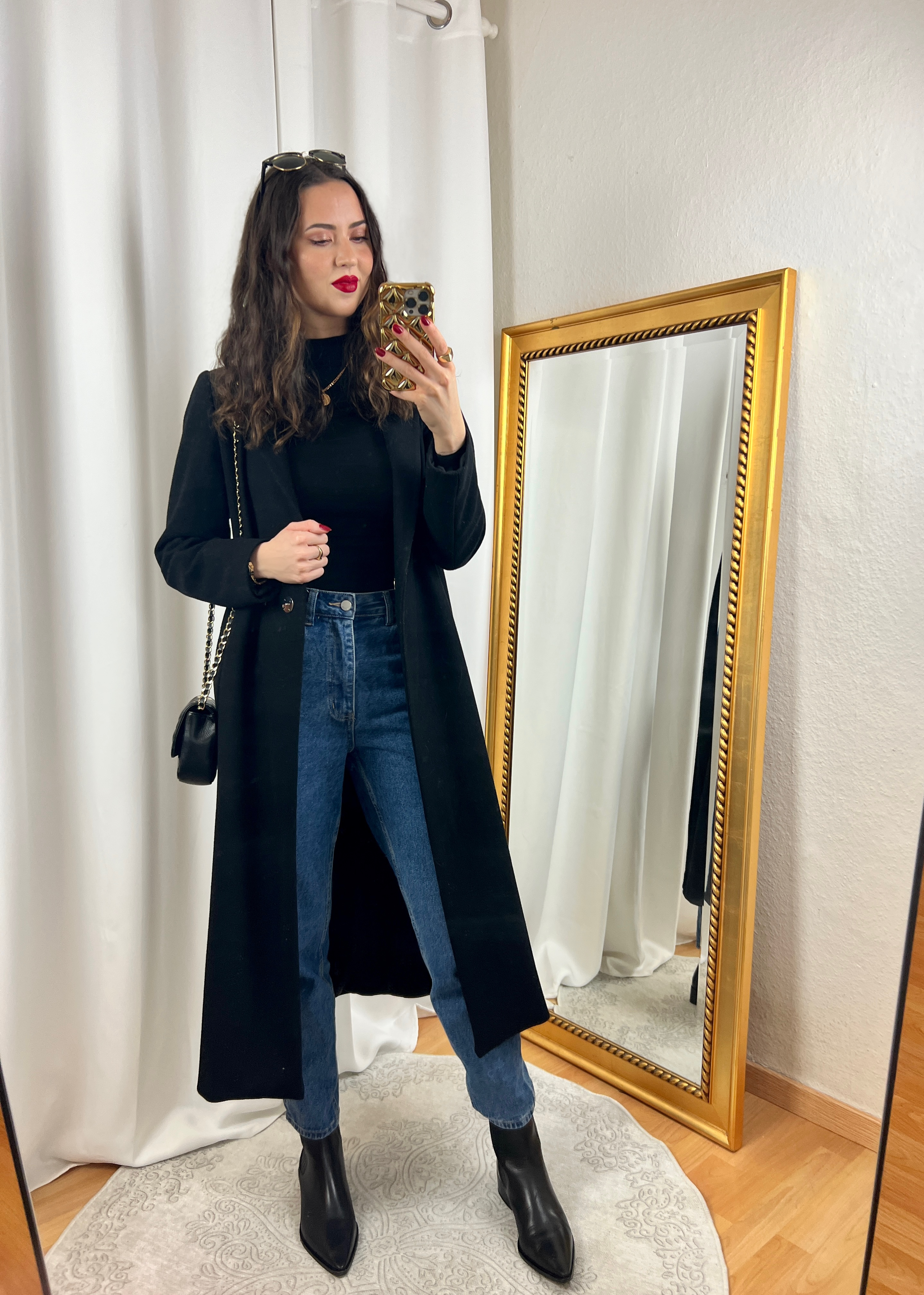 Black Wool Coat and Mom Jeans Outfit