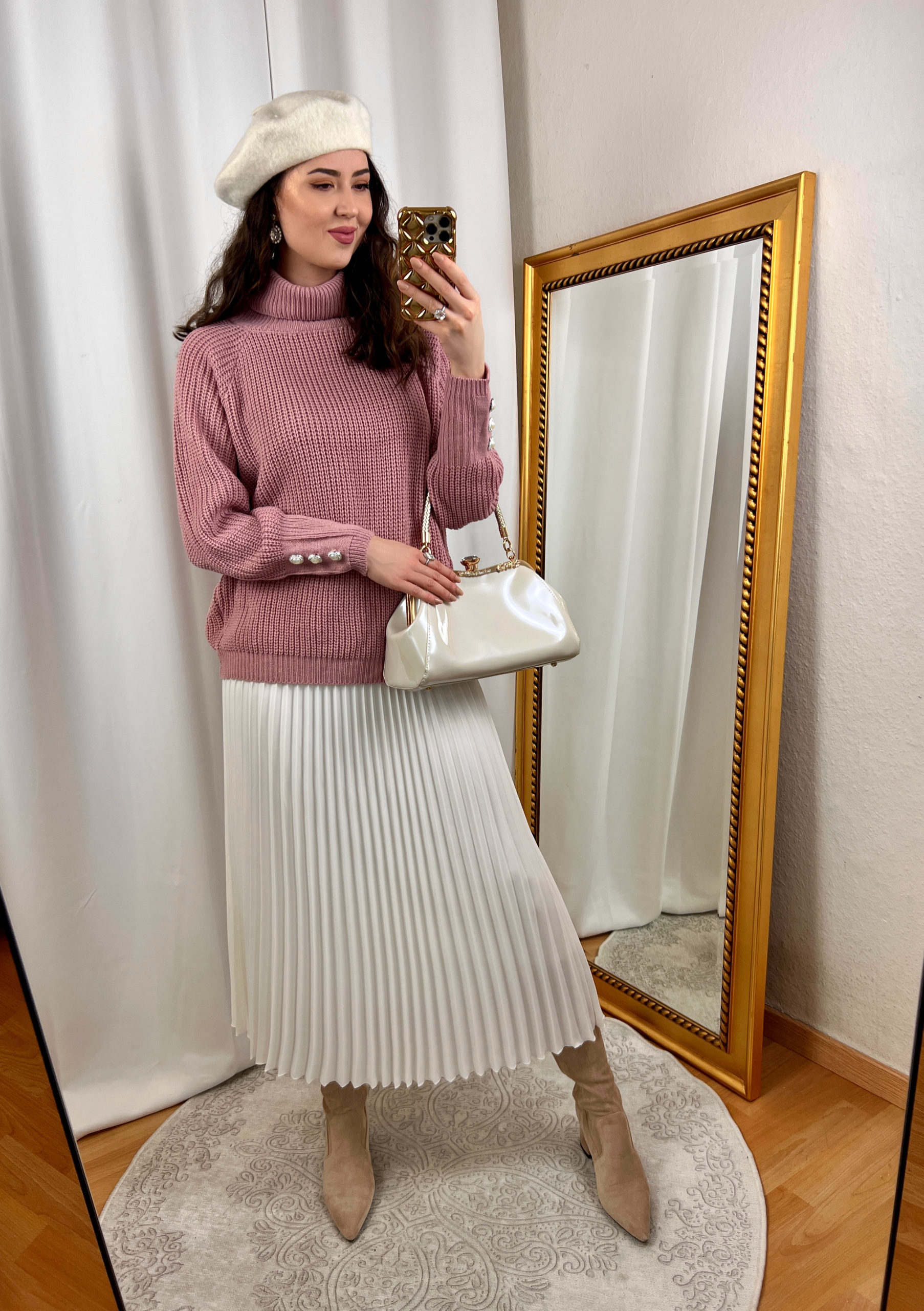 Dusty Pink Sweater and White Pleated Skirt Outfit