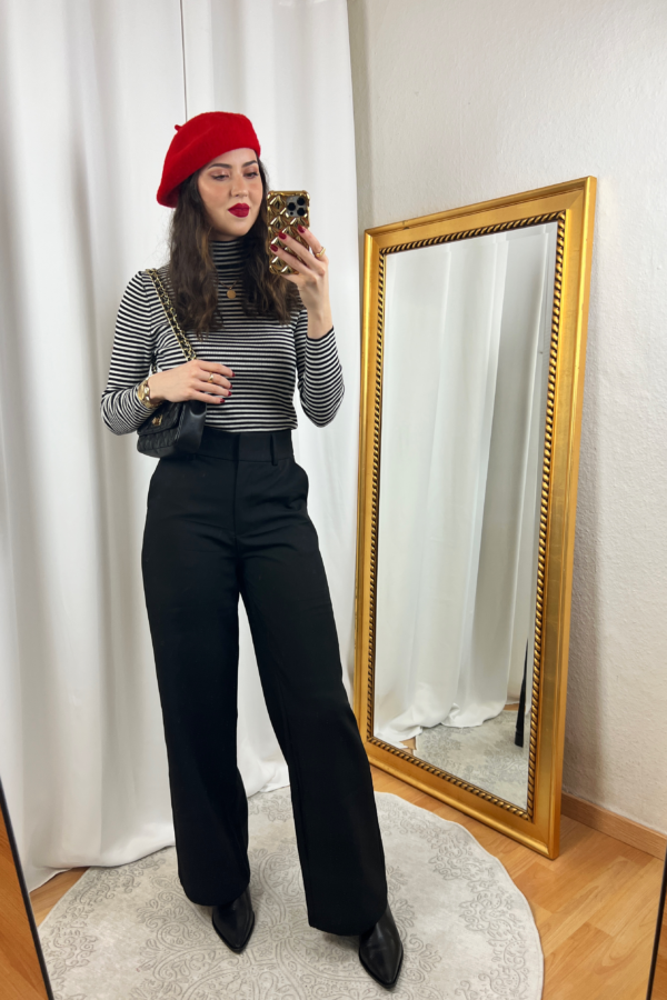 French Outfit- Red Beret and Striped Turtleneck Sweater Outfit