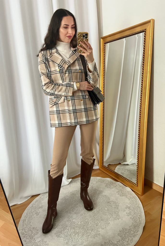 Old Money Outfit Gray Wool Coat Beige Plaid Blazer and Brown Riding Boots 4