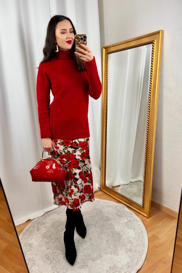 Red Sweater and Rose Floral Skirt Outfit