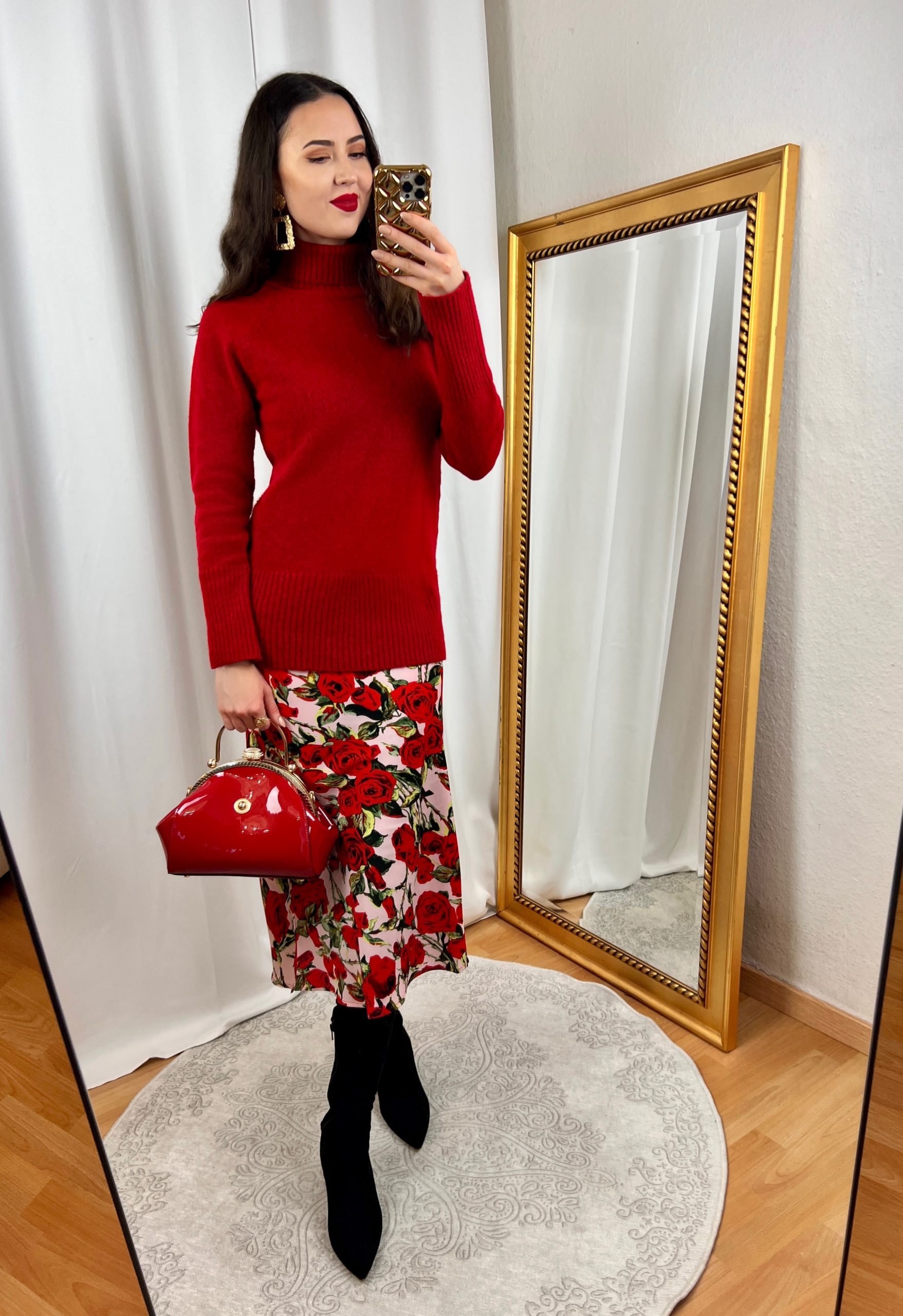 Red Sweater and Rose Floral Skirt Outfit