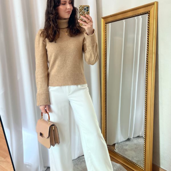 Beige Turtleneck Sweater and White Wide Pants Outfit