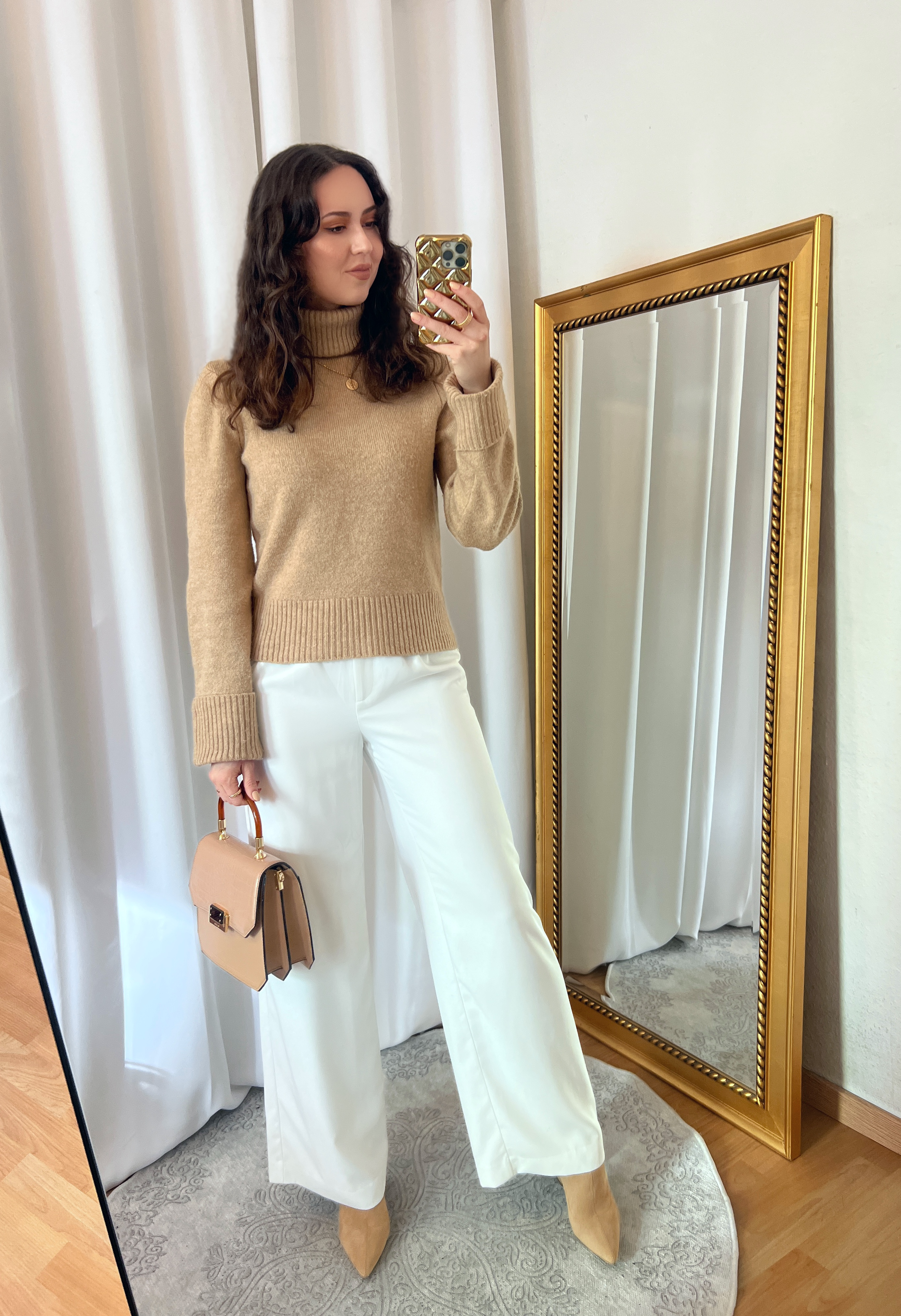 Beige Turtleneck Sweater and White Wide Pants Outfit