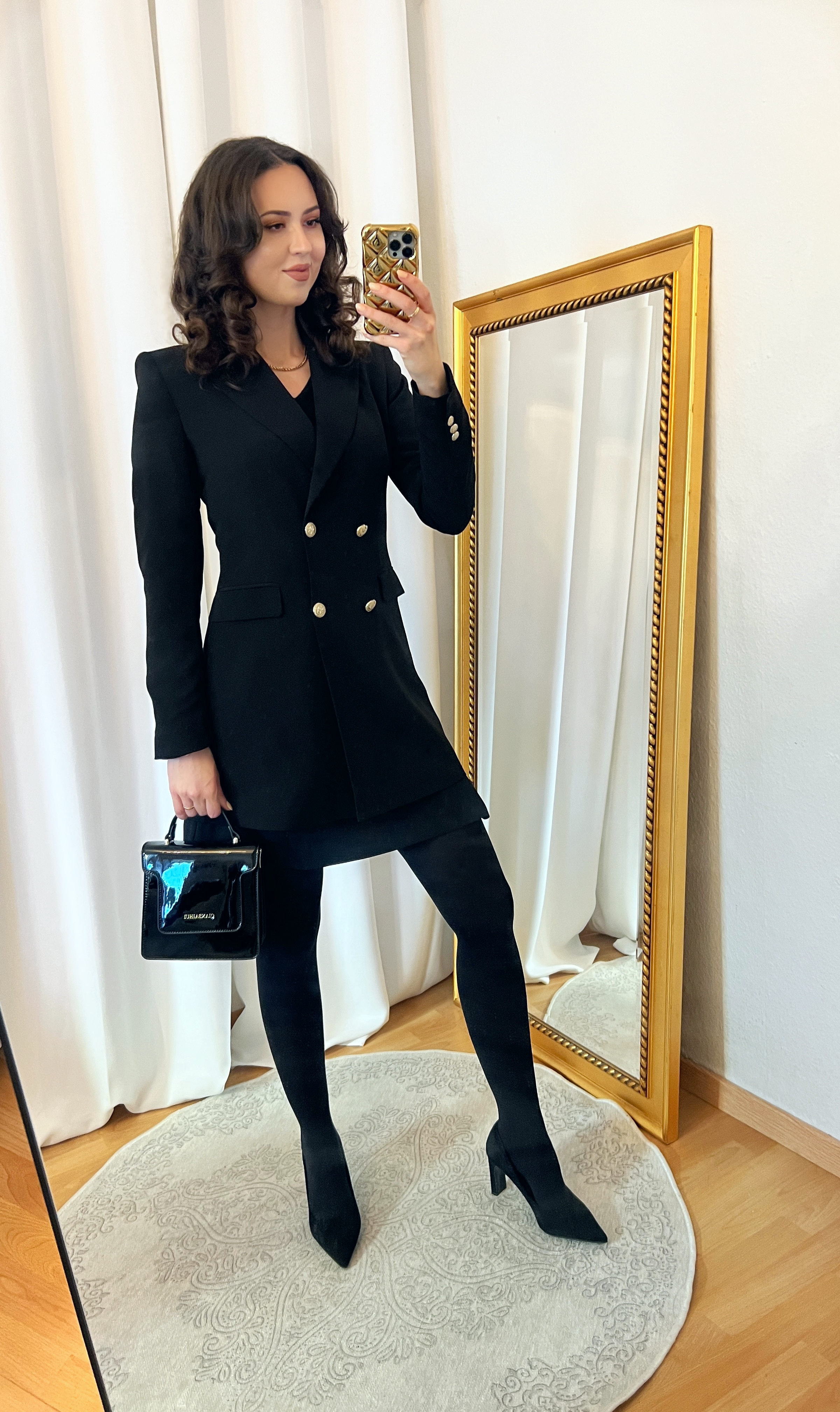 Black Blazer and Black Skirt Outfit with Opaque Black Tights and Pumps