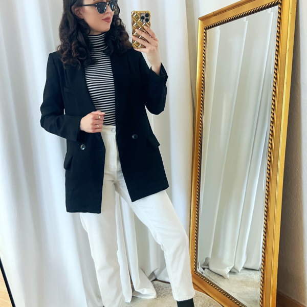 Black Blazer with a Striped Turtleneck and White Mom Jeans Outfit