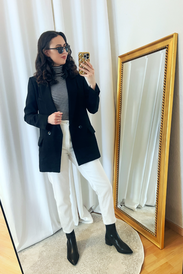 Black Blazer with a Striped Turtleneck and White Mom Jeans Outfit