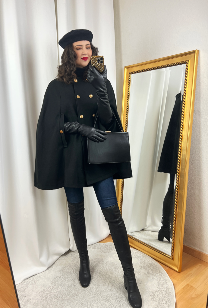 Black Cape Outfit with Black Over Knee Boots 2