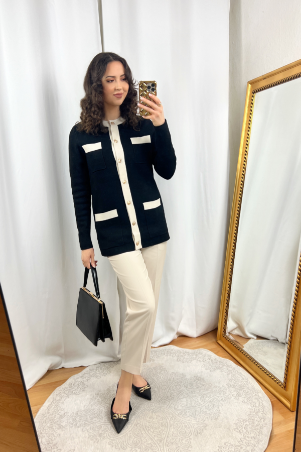 Black Chanel Cardigan with Beige Trim Outfit with Light Beige Pants