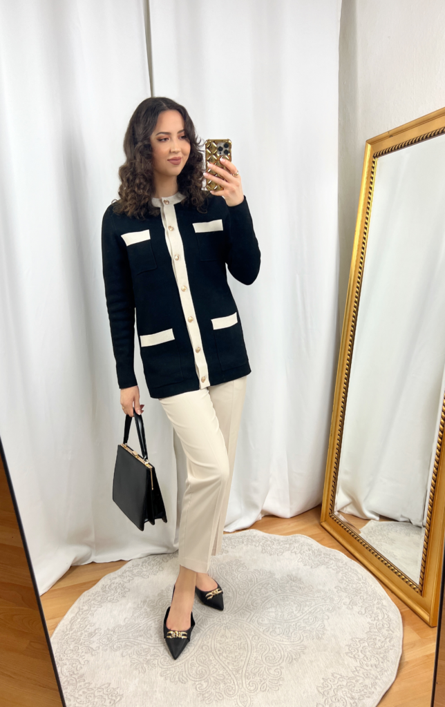 Black Chanel Cardigan with Beige Trim Outfit with Light Beige Pants