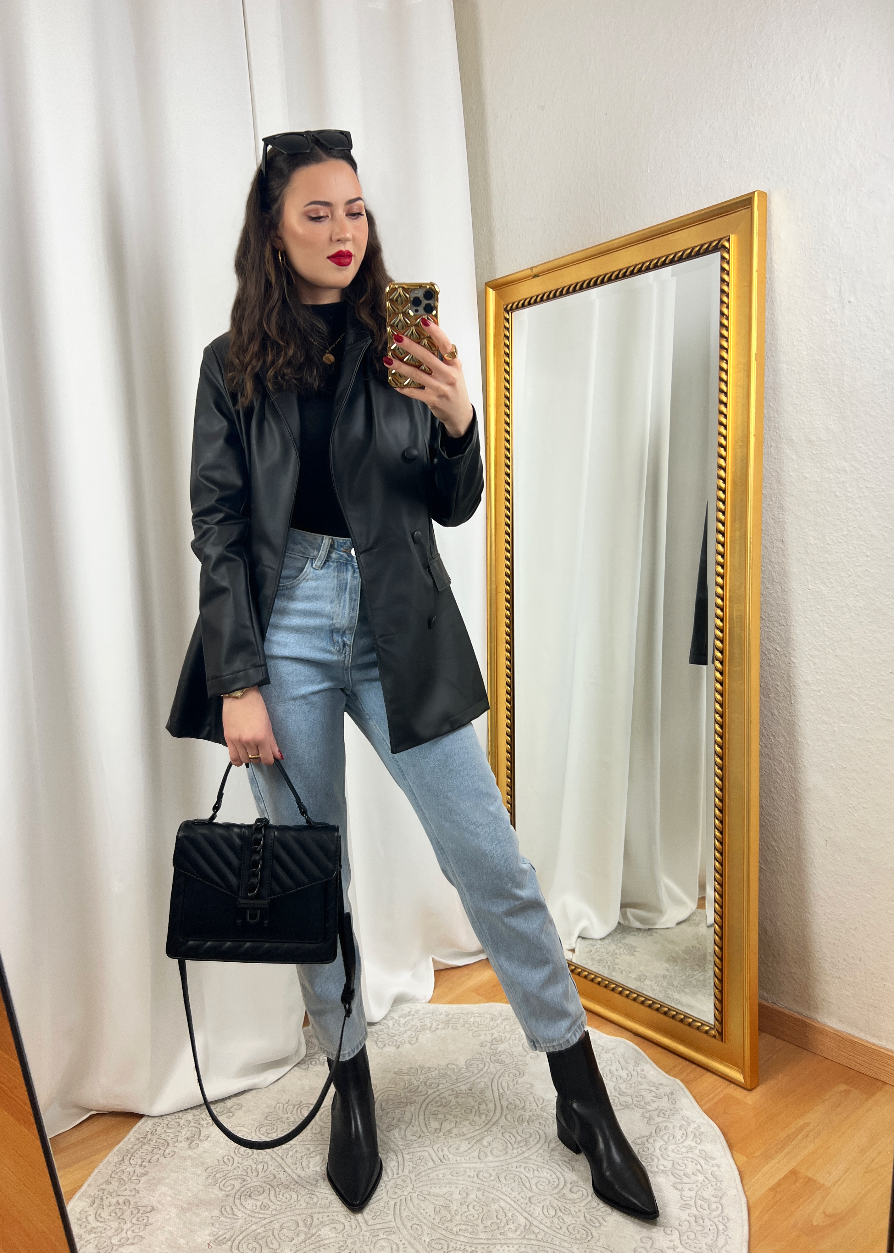 Black Leather Blazer and Light Mom Jeans Outfit