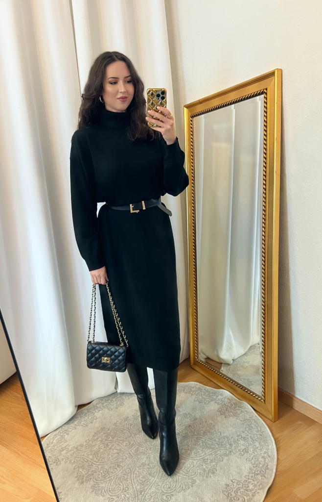 Black Turtleneck Sweater Dress Outfit - png