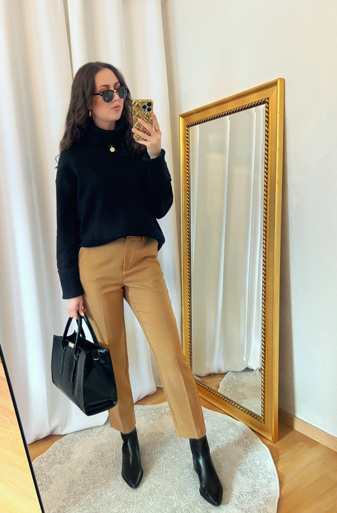 Black Turtleneck Sweater and Camel Pants Outfit - png