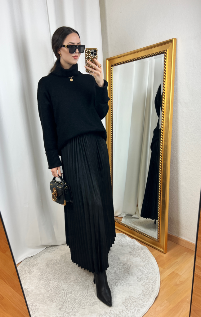 Black Turtleneck Sweater and Long Black Pleated Skirt Outfit – IN AN  ELEGANT FASHION