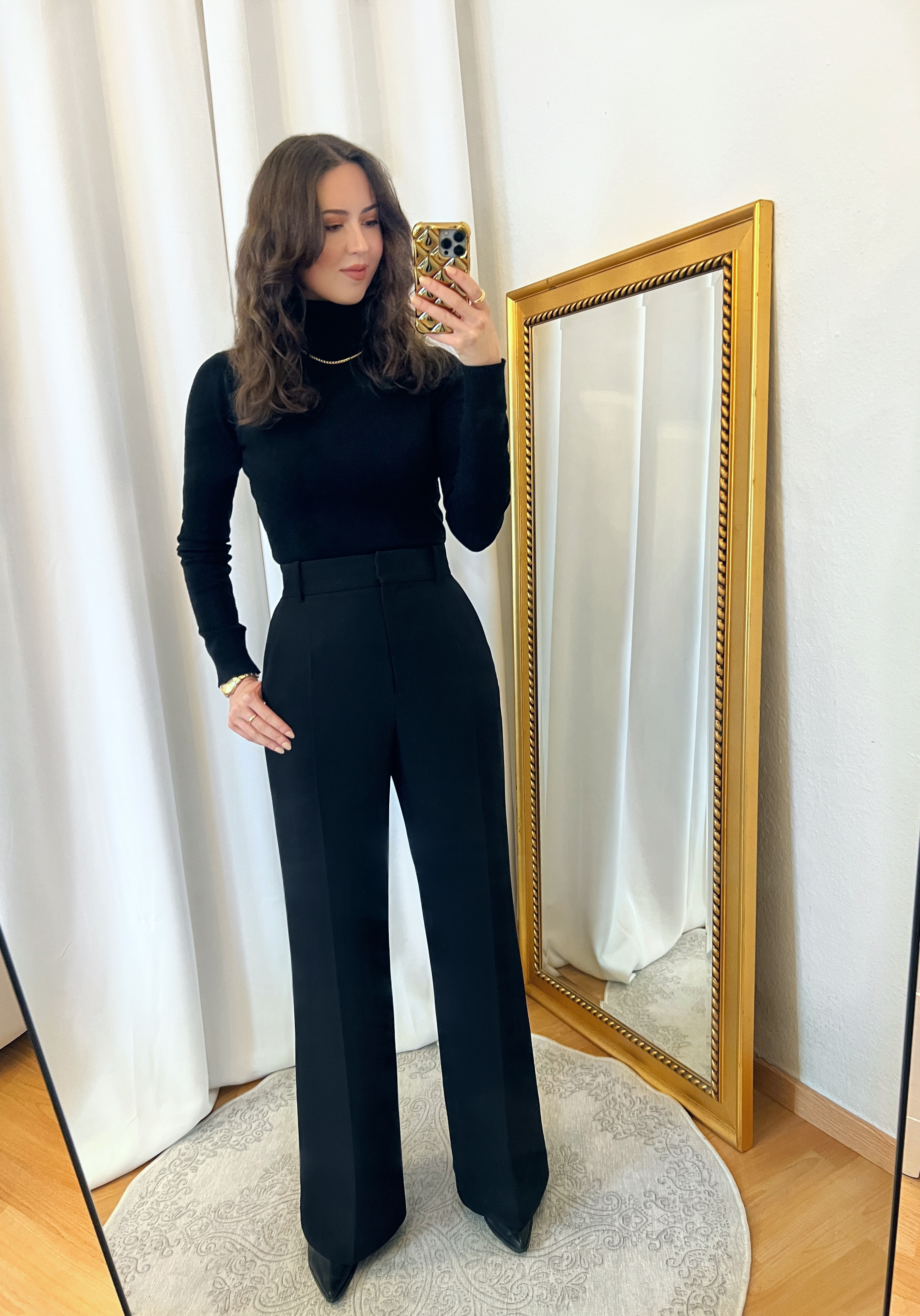 Black Wide Pants and Black Turtleneck Outfit
