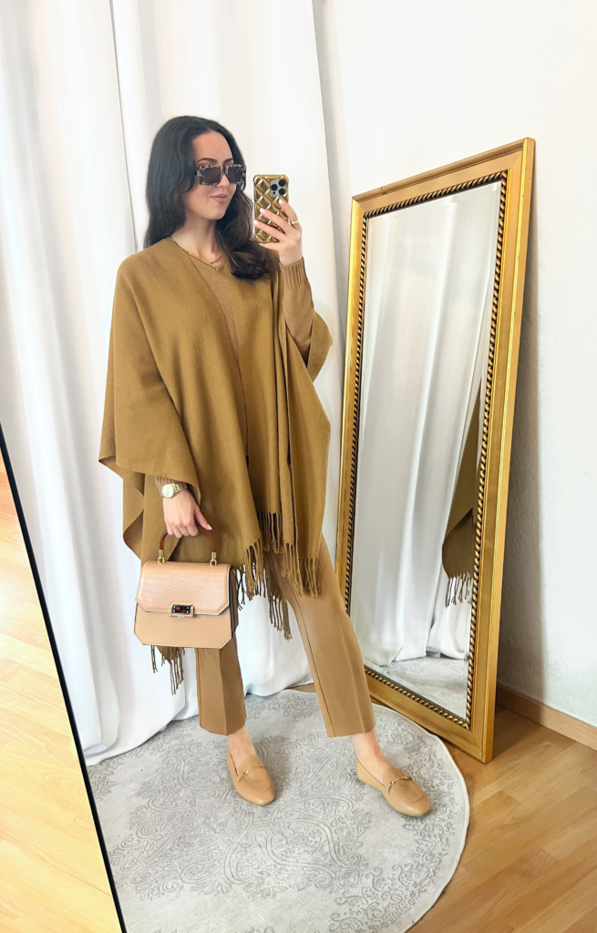 Camel V Neck Sweater and Camel Pants Outfit 2