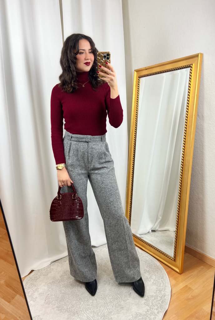 Dark Red Turtleneck and Gray Wide Pants Outfit 2