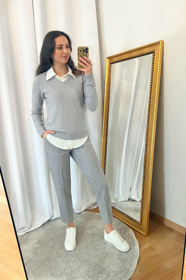 Gray V-Neck Sweater and Gray Pants Outfit