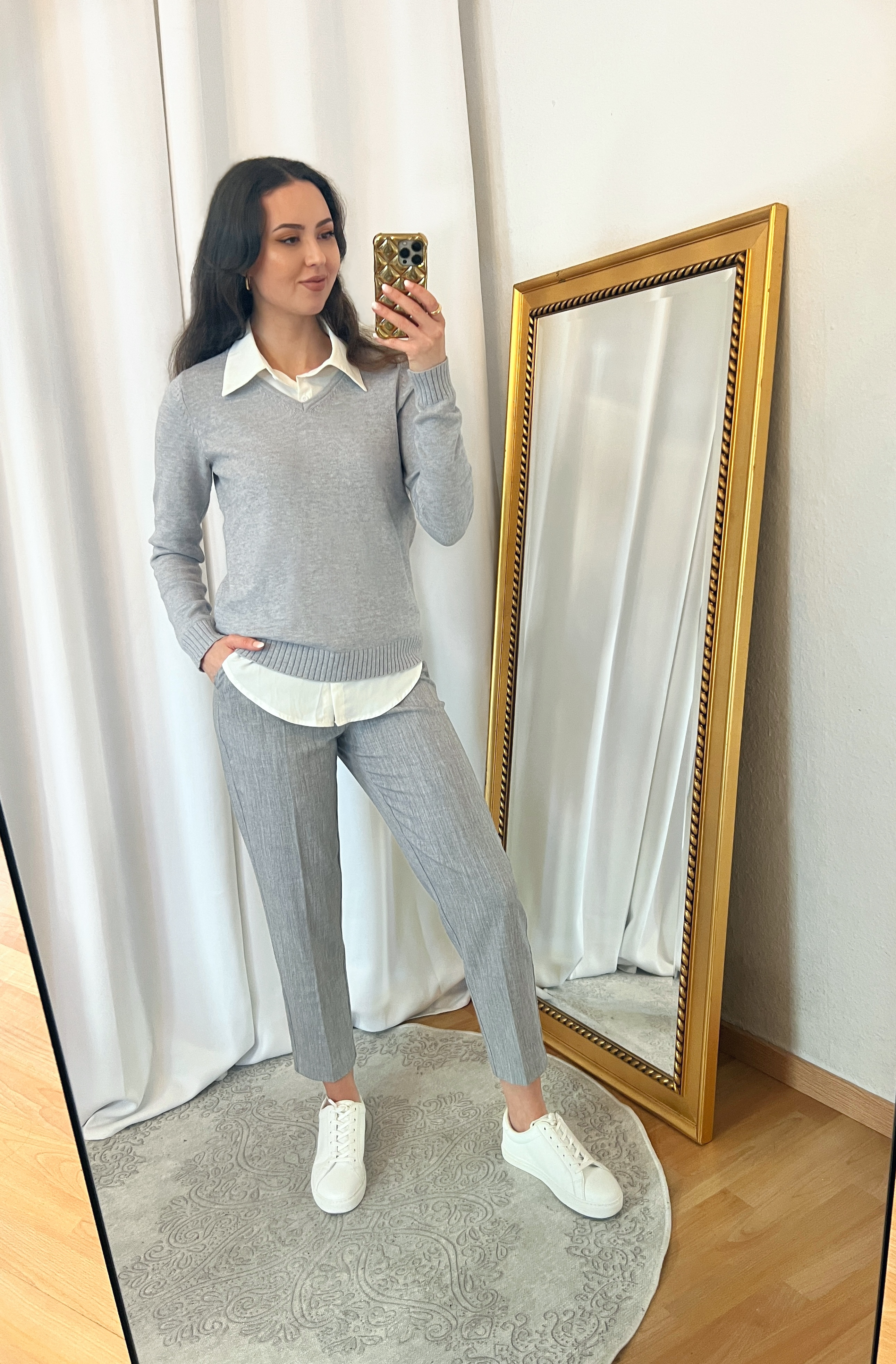 Gray V-Neck Sweater and Gray Pants Outfit