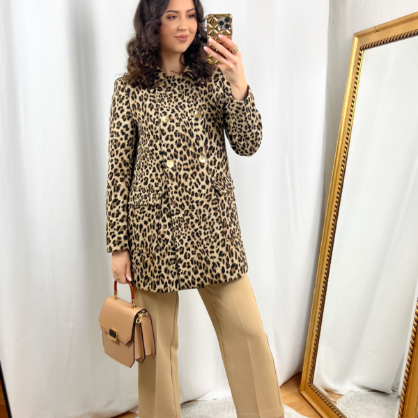 Leopard Pea Coat Outfit with Beige Pants