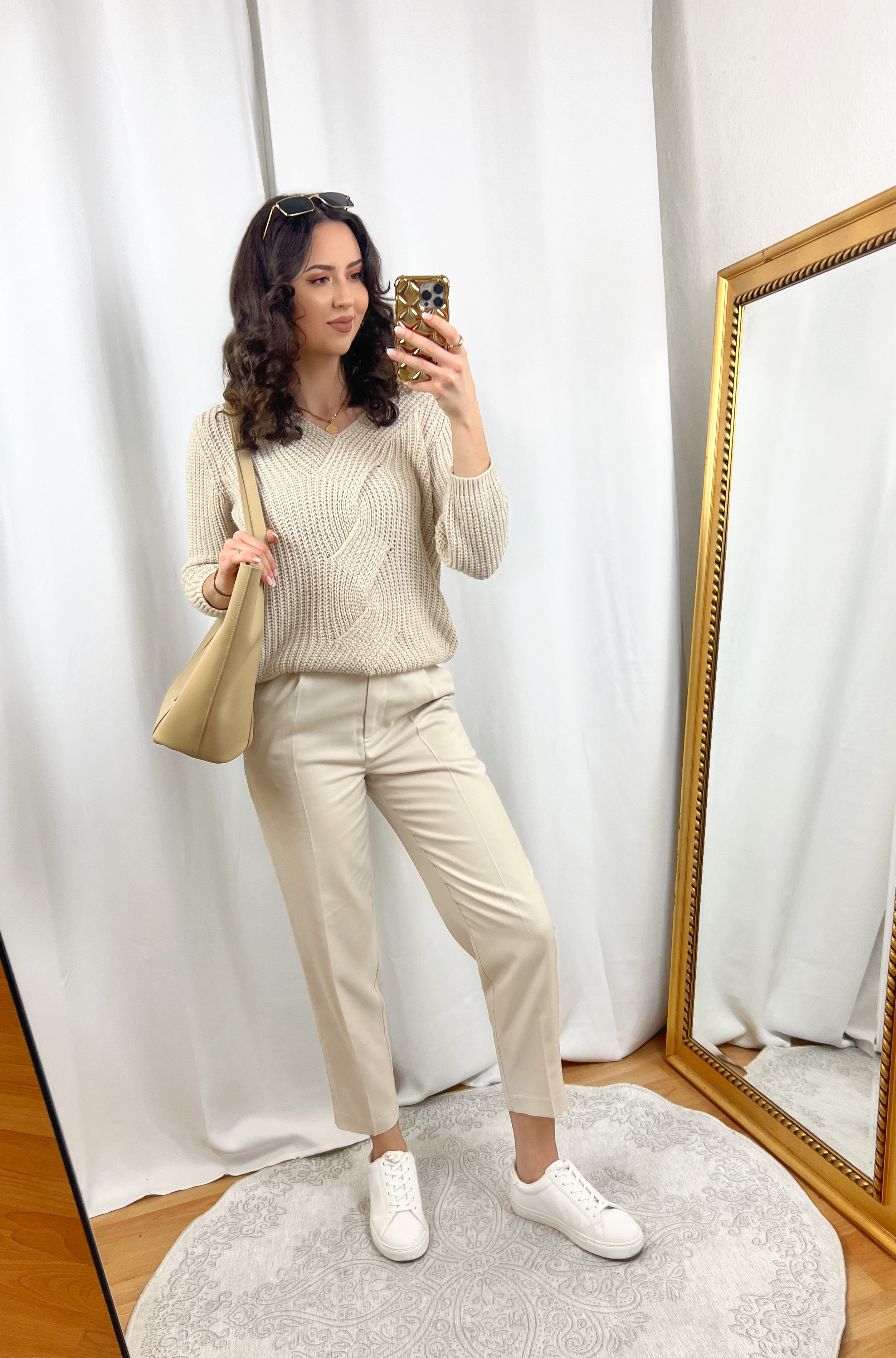 Monochrome Light Beige Sweater and Pants Outfit