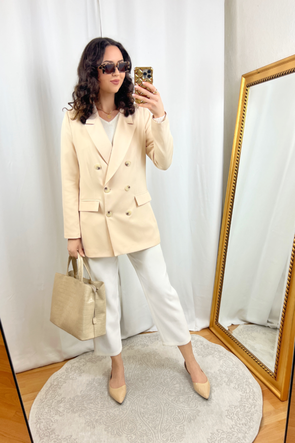 Light Peach Apricot Blazer Outfit with White Pants
