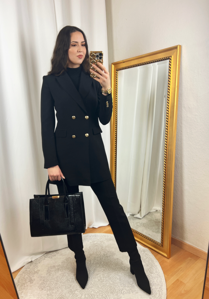 Long Black Blazer and Black Dress Pants Outfit for the Winter - png