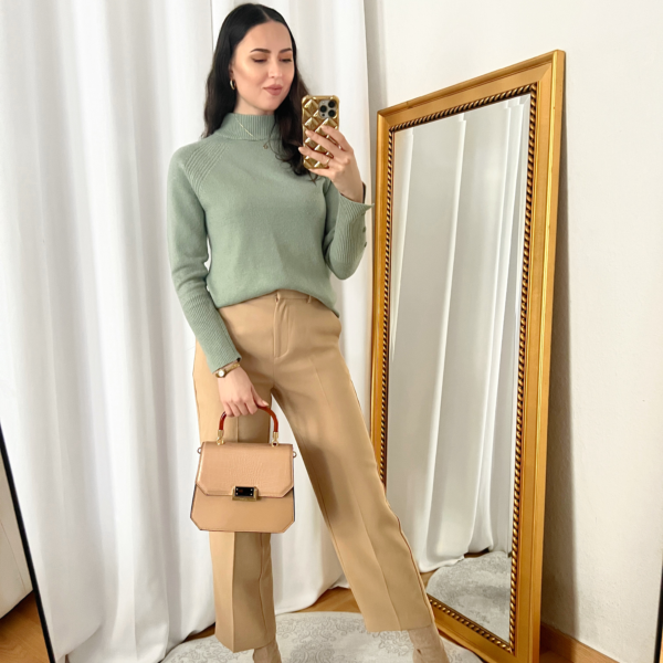 Sage Green Sweater Outfit with Beige Pants and Boots