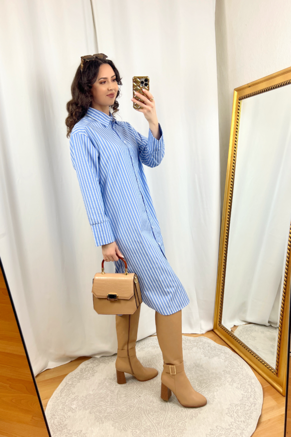 Striped Blue Shirt Dress Outfit with Camel Boots