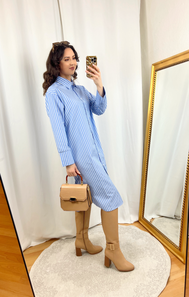 Striped Blue Shirt Dress Outfit with Camel Boots